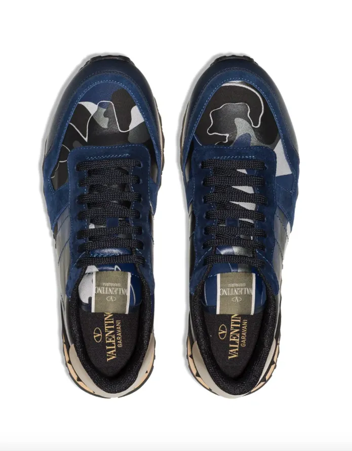 Valentino Garavani Blue Rockstud Rockrunner Camouflage Leather Sneakers